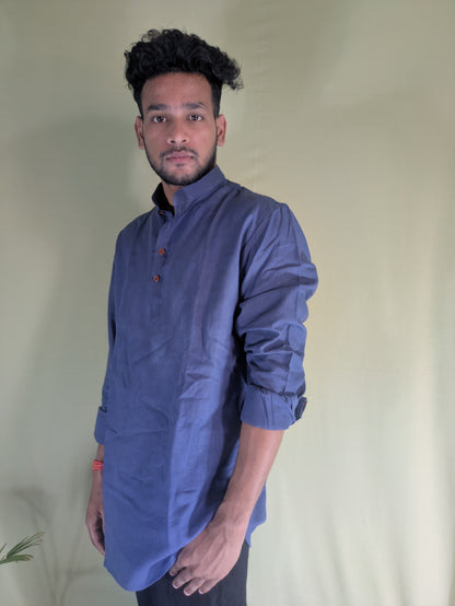 Navy Blue Pure Linen Short Kurta