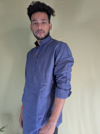 Navy Blue Pure Linen Short Kurta