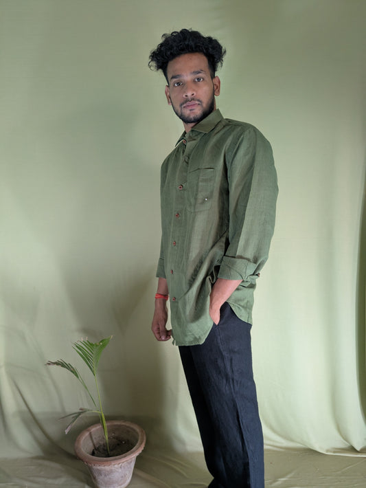 Olive Green Pure Linen Shirt